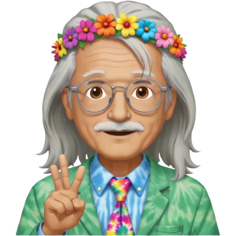 elderly man with long grey hair, glasses, peace sign necklace, tie-dye clothing, flower crown emoji