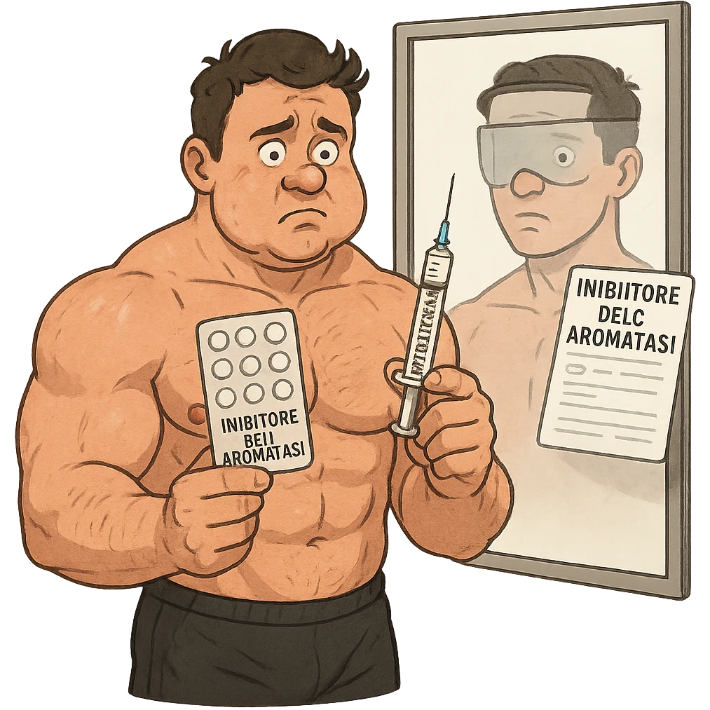 beginner bodybuilder in front of mirror holding a syringe labeled 'Testosterone' and a pill package labeled 'Inibitore dell'aromatasi', Italian text on sheets and tables, uncertain look, swollen muscles but puffy face, white background, 4K quality emoji