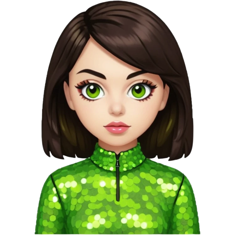 Charli XCX with dark brown hair, lime green sequin outfit emoji