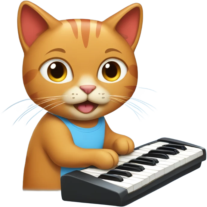 tan-red cat wearing a light-blue t-shirt taps musical keyboard emoji