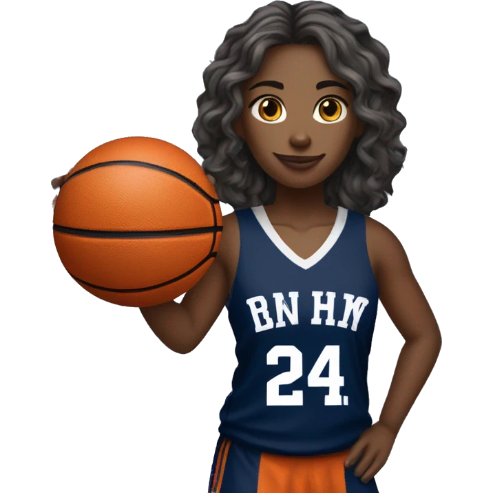  wavy soft hair female player wearing navy blue basketball jersey that has the number 24 & holding a basketball emoji