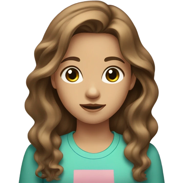 Girl with long brown wavy 2B texture hair, Blue/green eyes, a light tan and a pink shirt very beautiful  emoji