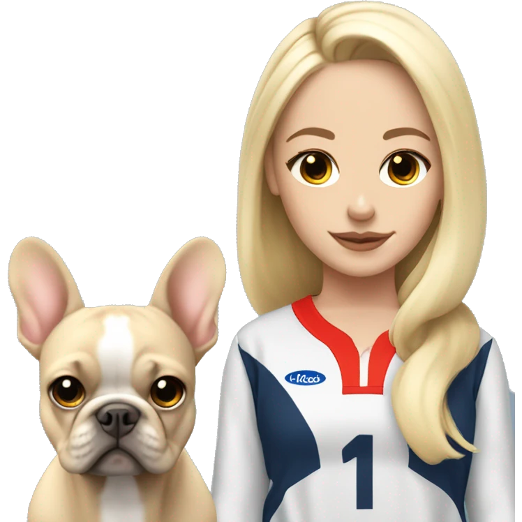 white blonde girl with long hair wearing sports outfit with frenchie with big ears emoji