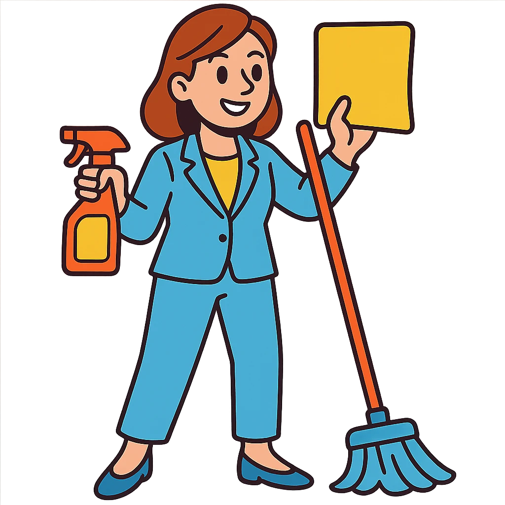 light-skinned woman in a light blue suit cleaning emoji