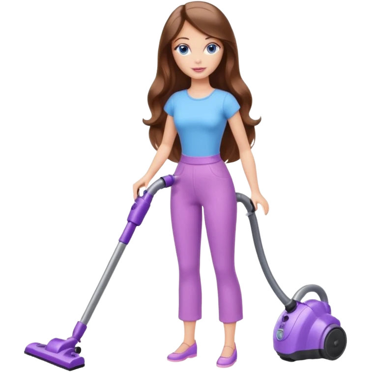 beautiful barbie girl with long brown hair, blue eyes and wearing light purple clothes, cleaning and vacuuming emoji