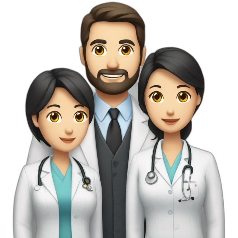 husband middle aged american with dark brown hair and trimmed beard wearing a business suit holding a bible, wife middle aged asian with black shoulder length hair wearing a nurse uniform emoji