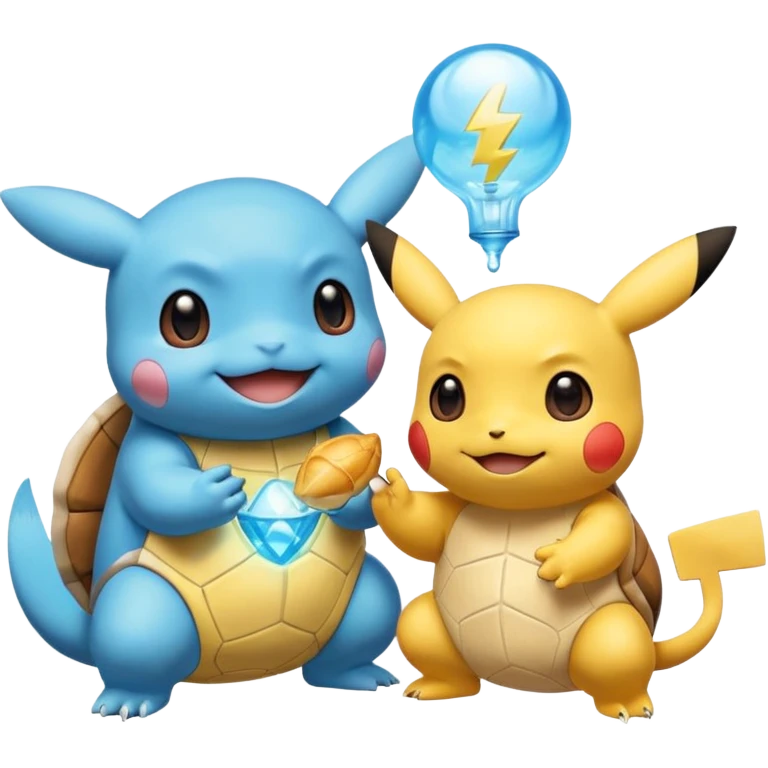  Pikachu has a light to share, but Squirtle has none. Pikachu sees this is unfair, so he shares the light with Squirtle. They smile and eat together. Show this as a cute Pokémon emoji scene about justice and fairness.

 emoji