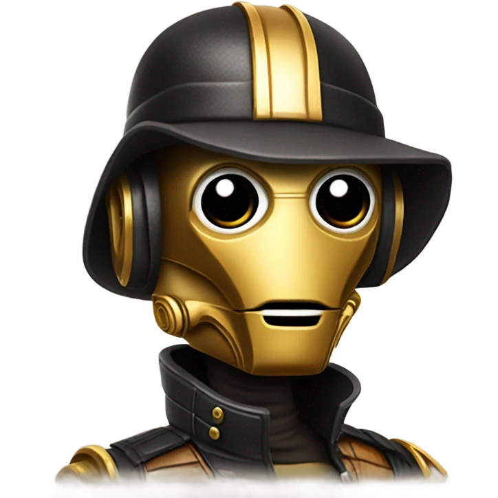 rough c3Po wearing Satan’s leather biker outfit with hat walking emoji