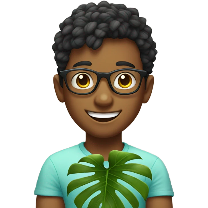 smiling boy with glasses holding variegated monstera emoji