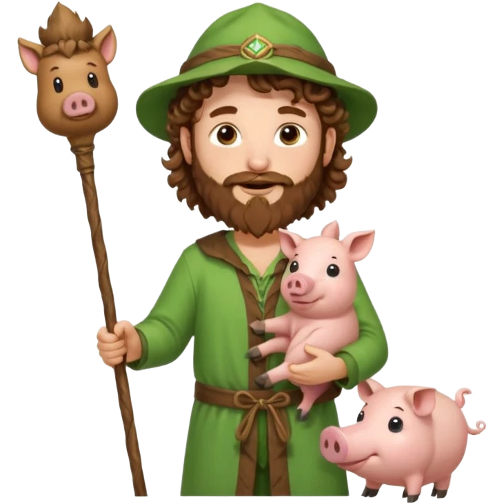 happy young shepard with long curly brown beard and long curly brown hair, in green magical outfit, with wooden shepard stick in hand, taking care of pigs emoji