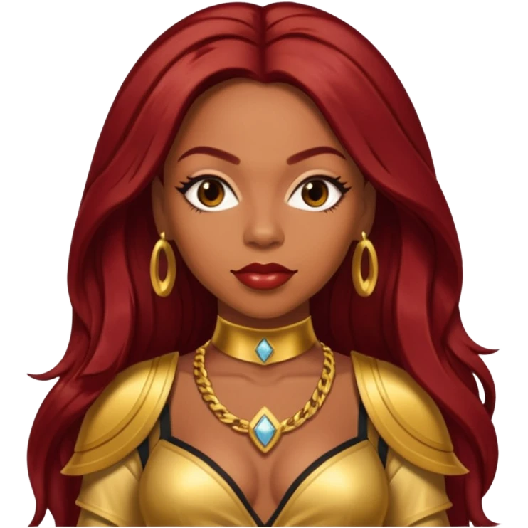 LaTavia Robeson from Destiny's Child with dark red long hair, gold outfit emoji