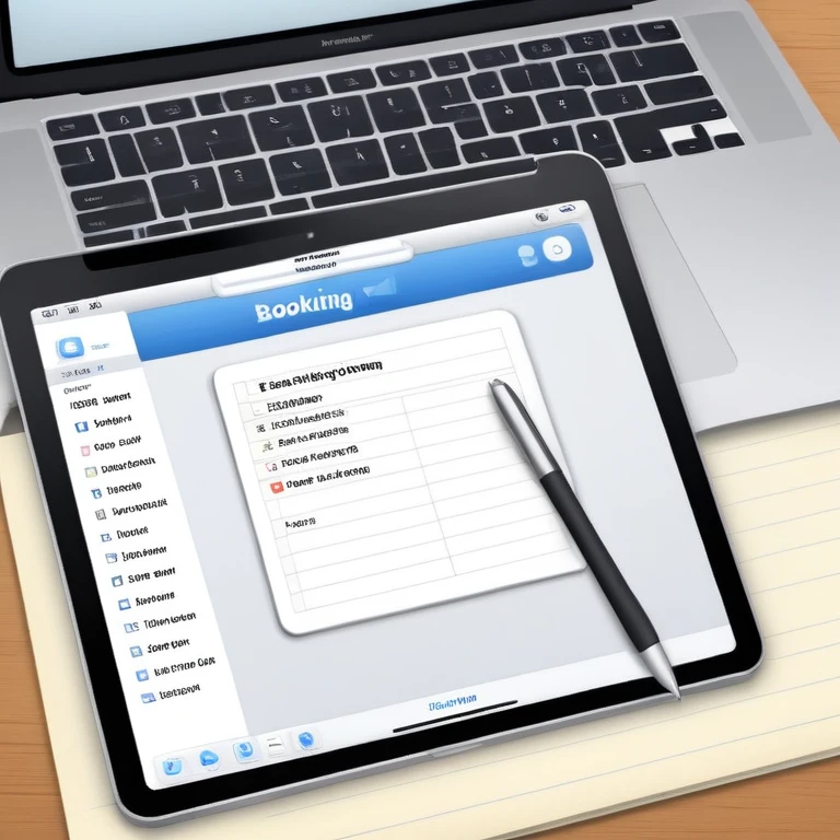 online booking system on MacBook screen next to an old-style paper notebook with a pen emoji