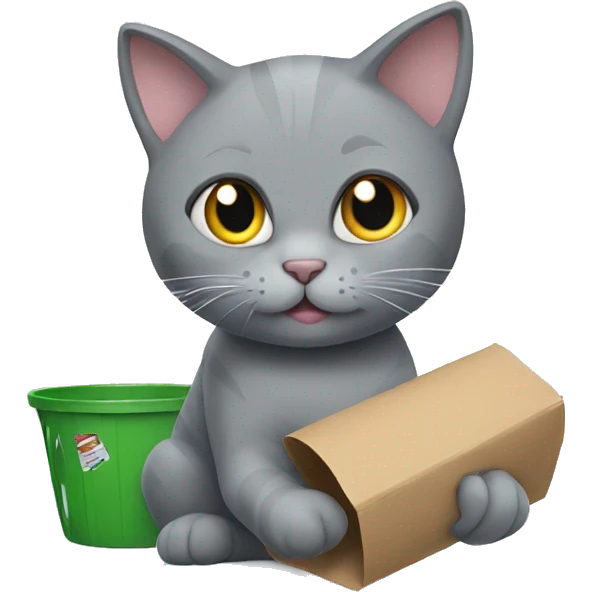 gray cat playing with trash emoji