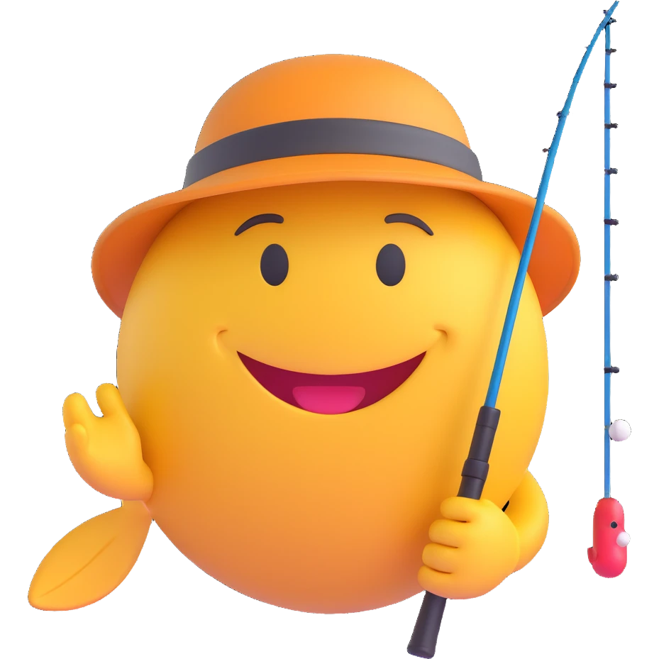3D smiley emoji, round shape, fishing hat with fishing rod, smiling face emoji