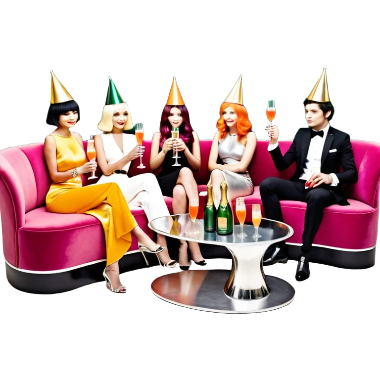 ourselves around a banquette, a long, curved sofa adjacent to two small low tables brimming with bottles of Perrier-Jouët champagne, Belvedere vodka, carafes of orange juice and cranberry juice in silver ice buckets, and neat little stacks of glass tumblers. The table is right next to the DJ booth emoji