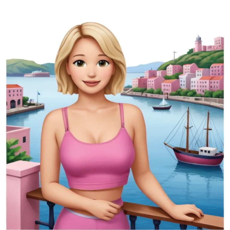 jennifer lawrence, pink crop top leaning on a balcony with a harbor and cityscape in the background, smiling emoji
