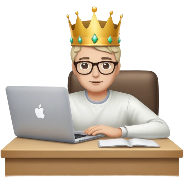 Man in glasses with crown on his head sat at the desk with MacBook  emoji
