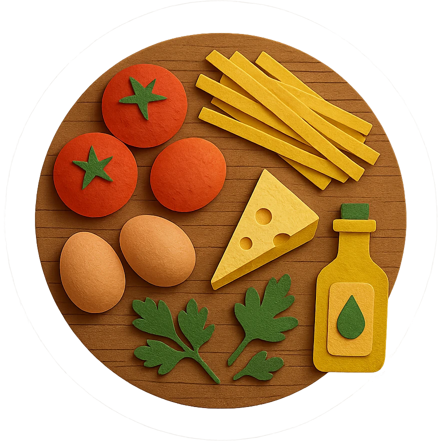 A realistic top-down view of a wooden kitchen table with various common ingredients neatly arranged (like tomatoes, pasta, eggs, cheese, herbs, olive oil). The background should be dark and soft to match a modern app interface. Lighting should highlight the ingredients naturally, with soft shadows. No text, no hands, minimalistic but warm and homely, like a mobile UI background for a cooking app. Should be circle emoji
