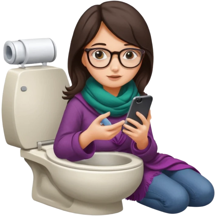 Fille châtain foncé avec lunettes. Elle porte une grosse écharpe. Elle est dans une cuvette de toilette. Téléphone en main emoji