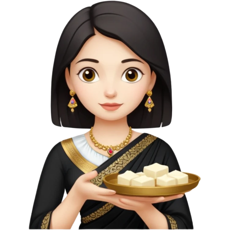 Russian girl in Indian black saree with full image from head to leg and holding a cream colour small tray in her both hands emoji