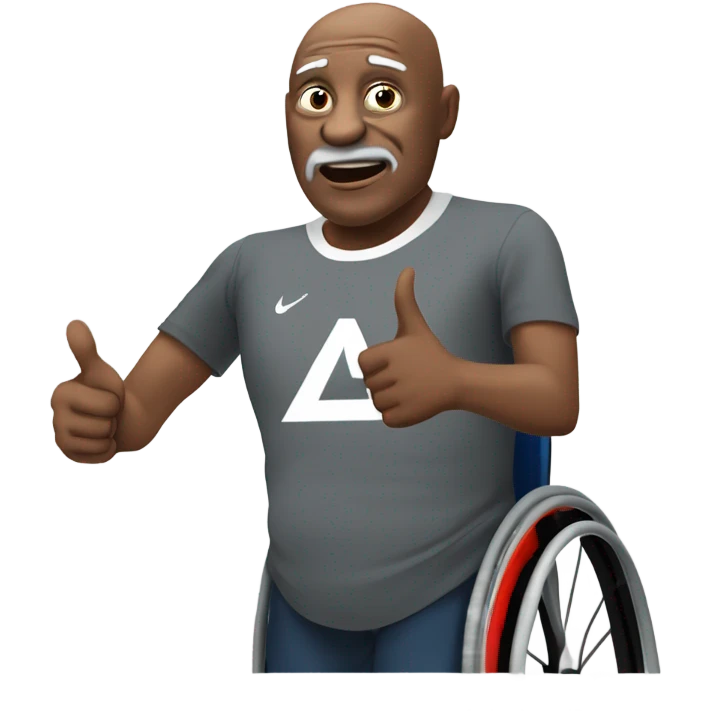 old black bald man with a round pot belly in wheelchair. angry face. grey stubble. he is pointing finger in front. wearing Arsenal soccer shirt. saying word bubble emoji