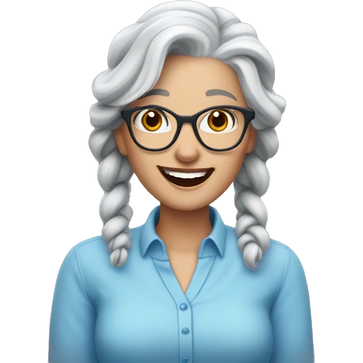 A laughing white gray-haired woman with a long gray braid in a blue scoop-necked shirt with blue glasses perched on her head. Her lipstick is red emoji