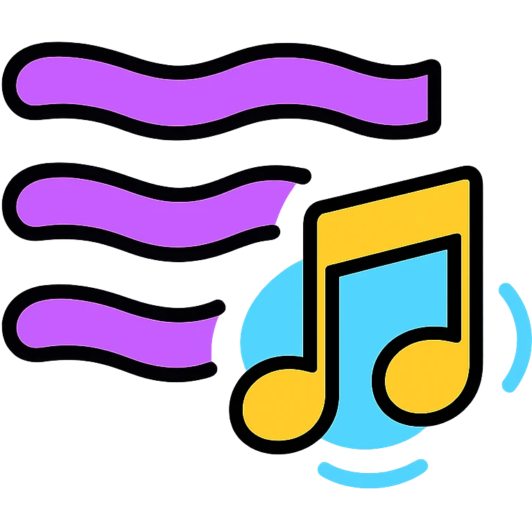icono de lista de reproducción con líneas galácticas y nota musical, líneas con flujo animado púrpura, nota musical con resplandor animado emoji