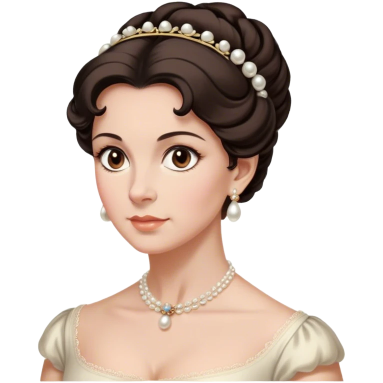 middle age lady with dark brown hair, styled in an elegant Regency-era updo, Soft brown eyes, kind but firm gaze, Wears delicate pearl earrings, emoji