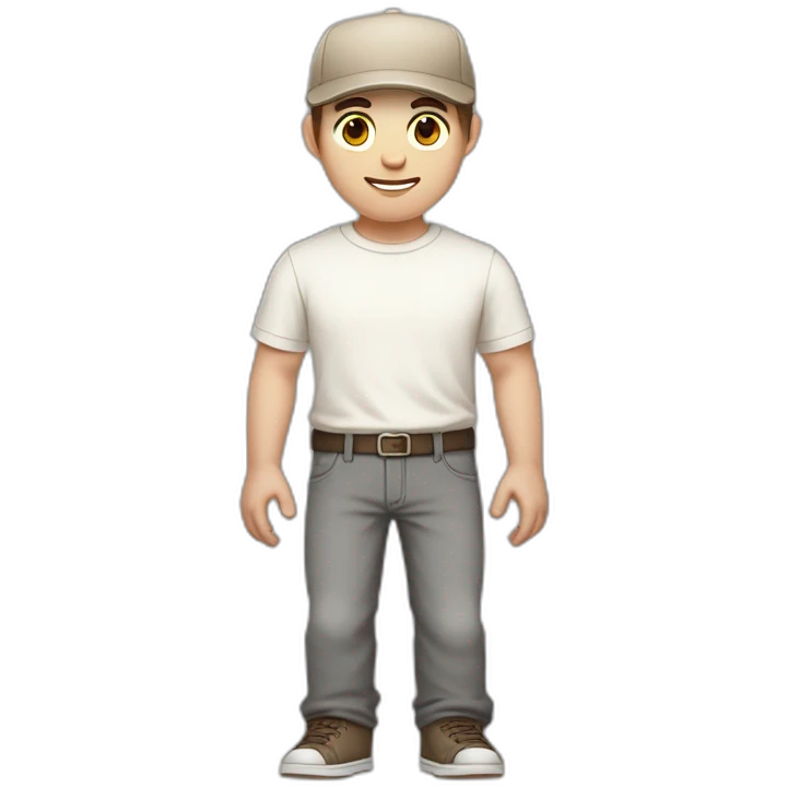 Pale skinned fit Man with dark brown hair in a beige cap, gray jeans, brown polo and white T-shirt keeping a pasted with tape white box into his hands emoji