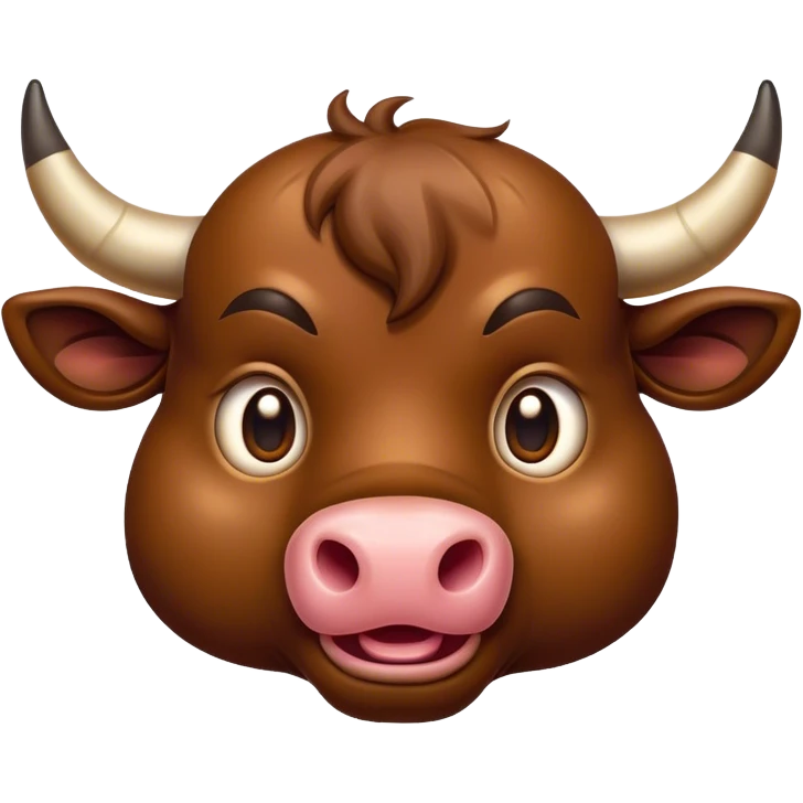 Cinematic Comical Brown Bull Portrait Emoji, Head tilted dramatically with an exaggeratedly amused expression, featuring a striking, glossy brown hide with a bold natural sheen, wide, expressive dark eyes filled with playful disbelief, Simplified yet hilariously expressive features, highly detailed, glowing with a slightly sassy glow, high shine, dramatic yet playful, stylized with an air of cheeky mischief, bright and endearing, soft glowing outline, capturing the essence of a spirited and over-the-top bull, so meme-worthy it feels like it could charge its way into internet fame instantly! emoji