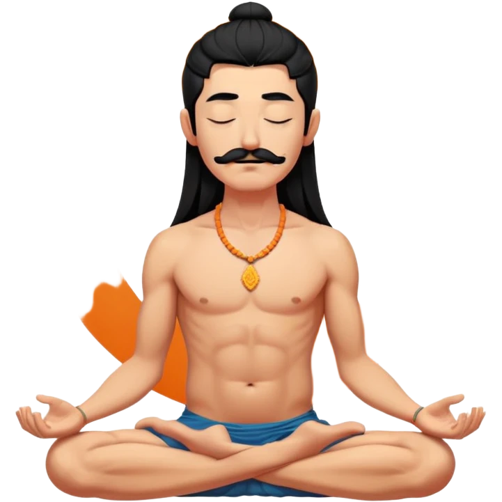 Black hair cossack with bold head, wery long mustache, long lock of hair sprouting from the top or the front of an otherwise closely shaven head, with no without jewelry, meditating bare torso with closed eyes in lotus pose in orange sharovary emoji