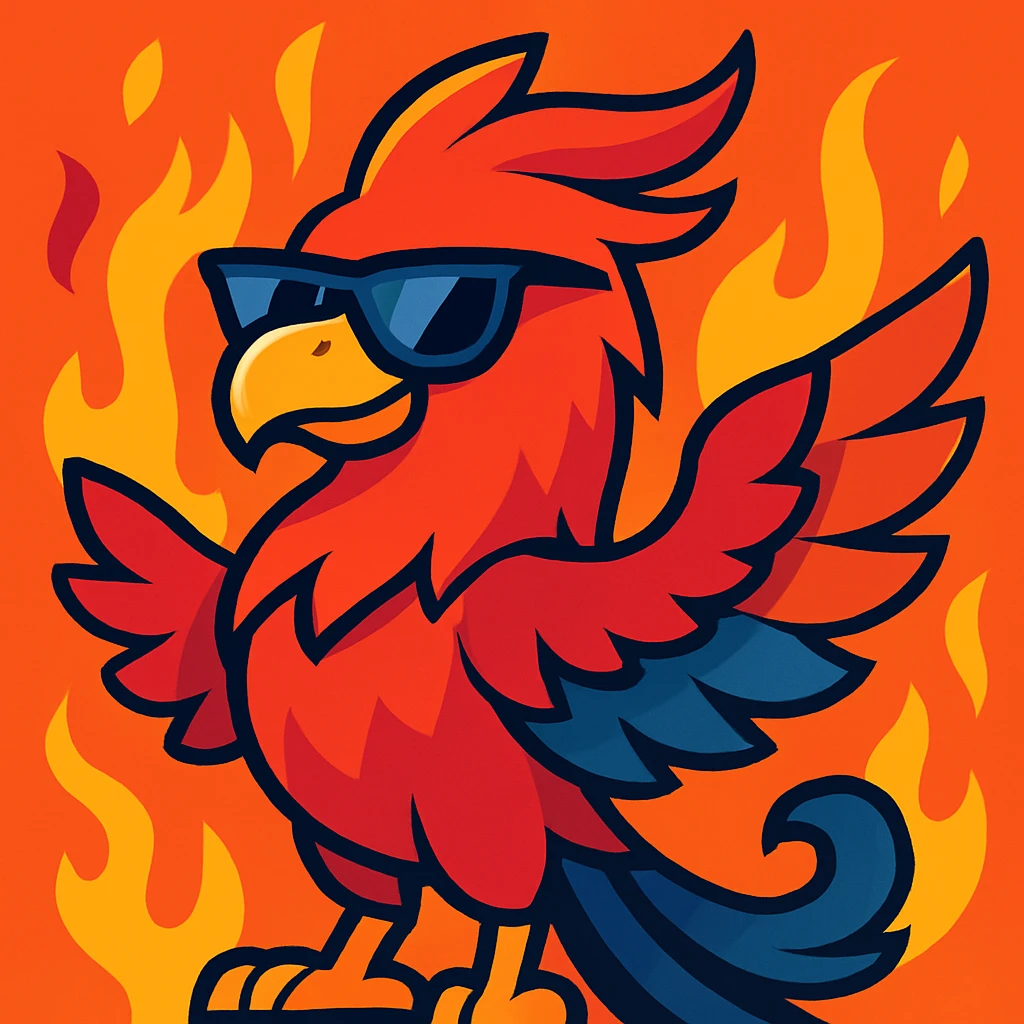 Add a fiery background with flames to the cool phoenix, keep the modern vibrant toon style with bright and dynamic colors. emoji