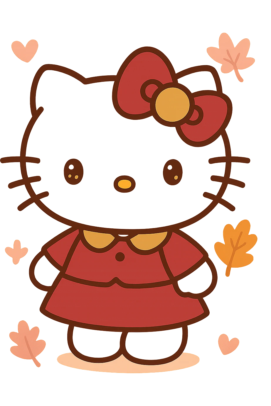 Hello Kitty Autumn Style, with a burgundy and metallic gold bow, and a matching outfit emoji