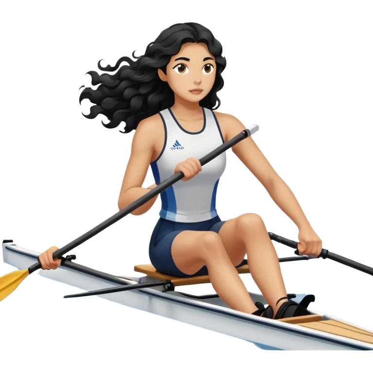 girl with long black wavy hair rowing in Olympic rowing sport, side view emoji