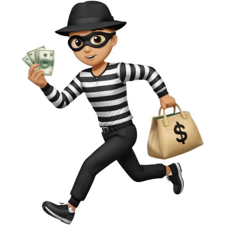 Make a man wear a black pant and he shirt is balck line and white line and wear a black hat and he holding a money bag and he running he wear a black eye thing emoji