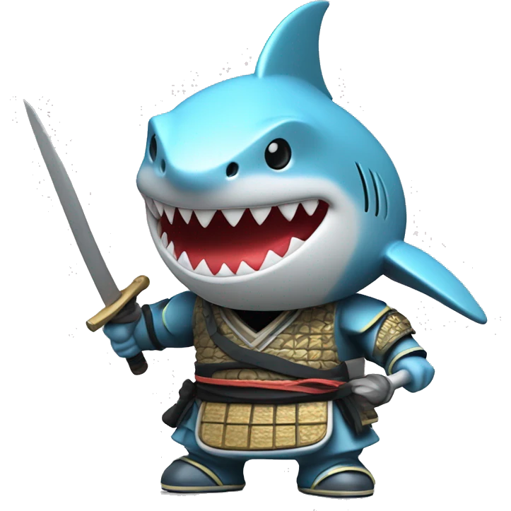 A 3D-style chrome figurine of a shark in a samurai outfit. emoji