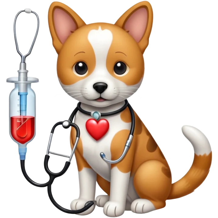 An icon featuring a stethoscope, a paw print, and a veterinary syringe, symbolizing veterinary medicine. The design includes a dog, a cat, and a heart, representing animal care, treatment, and health. Transparent background highlights the science of veterinary practice and animal welfare. emoji