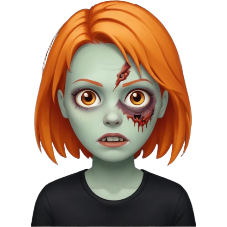 Faça uma zumbi feminina com cabelos médios e laranja, deve estar vestindo uma camisa preta e ter seus olhos castanhos escuro, não esqueça de colocar a sombrancelha da cor do cabelo  emoji