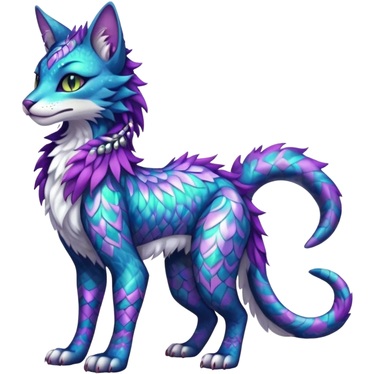 Kawaii iridescent beautiful pretty elegant divine edgy fantasy feline-vernid-sergal-fursona-animal-creature with accessories, full body with intricate patterns emoji