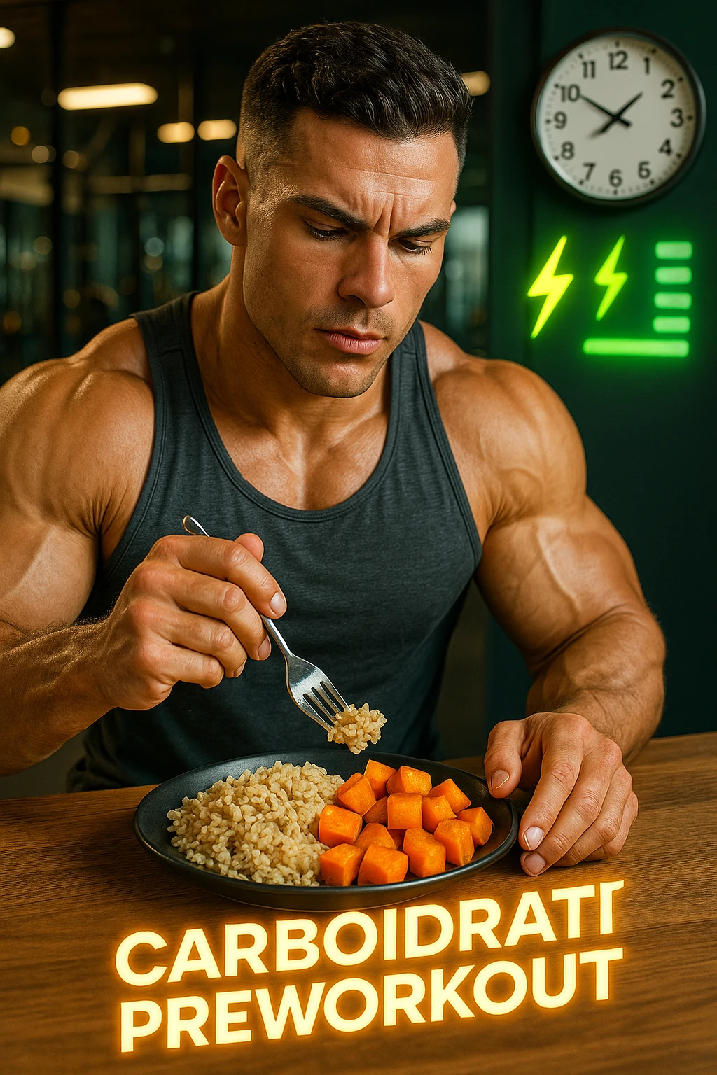 Uomo atletico seduto al tavolo poco prima di andare in palestra, mentre mangia una porzione di riso integrale e patate dolci con un’espressione consapevole e concentrata. Sullo sfondo si intravede la palestra. Sopra al piatto c’è una scritta luminosa 'Carboidrati preworkout'. Accanto a lui, un orologio indica che mancano 45 minuti all’allenamento. Il suo corpo appare pronto, i muscoli sono pieni e ben vascolarizzati, e sullo sfondo ci sono icone simboliche di energia (es. fulmini, barre di energia verdi). Atmosfera motivante e piena di vitalità. in italiano emoji
