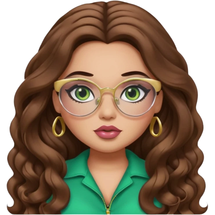  long brown wavy hair, light skin, green eyes, pretty bratz baddie, big plus size , black eyeliner, blush, gold glasses  emoji