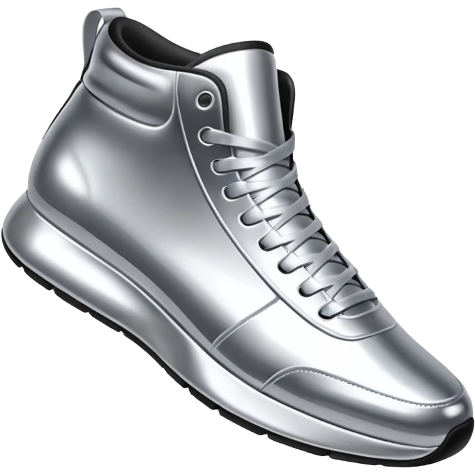 A pair of futuristic sneakers emoji made of silver chrome, sleek streetwear design, smooth metallic panels, subtle reflections, luxury swag aesthetic, iOS emoji style, centered, clean white background emoji