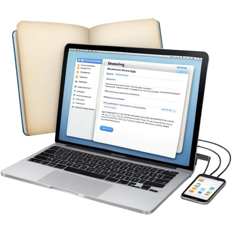 online booking system on MacBook screen next to old-style paper notebook with pen emoji