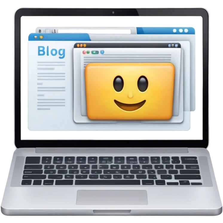 Create an emoji representing blogging. The design should feature an open laptop or tablet with a visible blog post on the screen, showing text. Optionally, add a camera or microphone for multimedia content. Use modern, professional colors. Make the background transparent. emoji