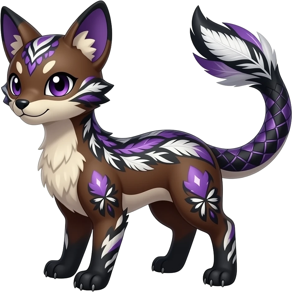 Slim elegant realistic mahogany Asian Furry, tribal-marked-patterned feathery fluffy tropical flecked painted feathery scaly, Purple, white, black, Minccino-Bambino-Lykoi-Linoone-Zangoose-fusion-hybrid-animal-Fakémon-creature, full body, thin long sleek scaly tail, intricate markings emoji