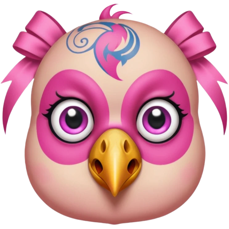 pink bird with piercings and excessive face tattoos and ribbon two eyes emoji