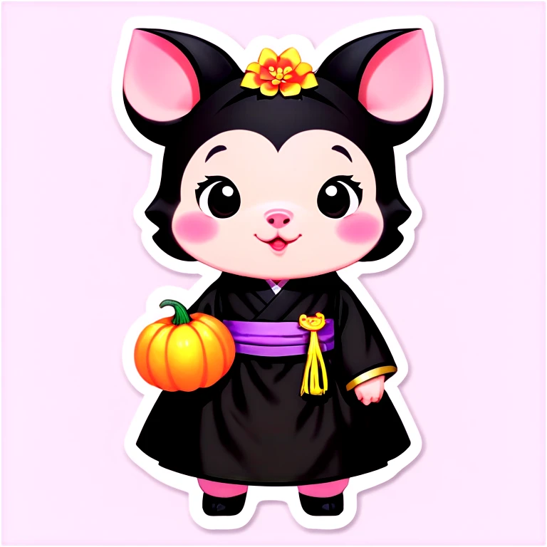 A black piglet wearing genderless hanbok with "luck” written on it and holding a pumpkin. emoji