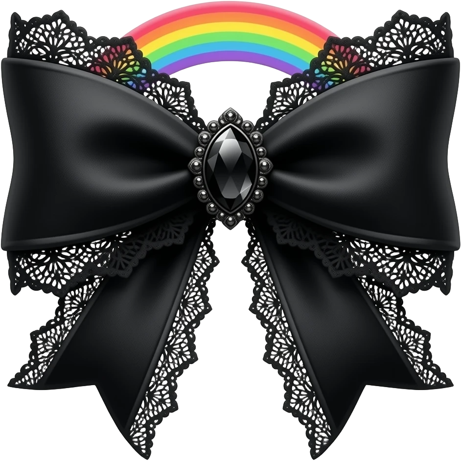rainbow 3D emoji gothic bow, black velvet, black filigree, black lace trim, black gem, elegant emoji
