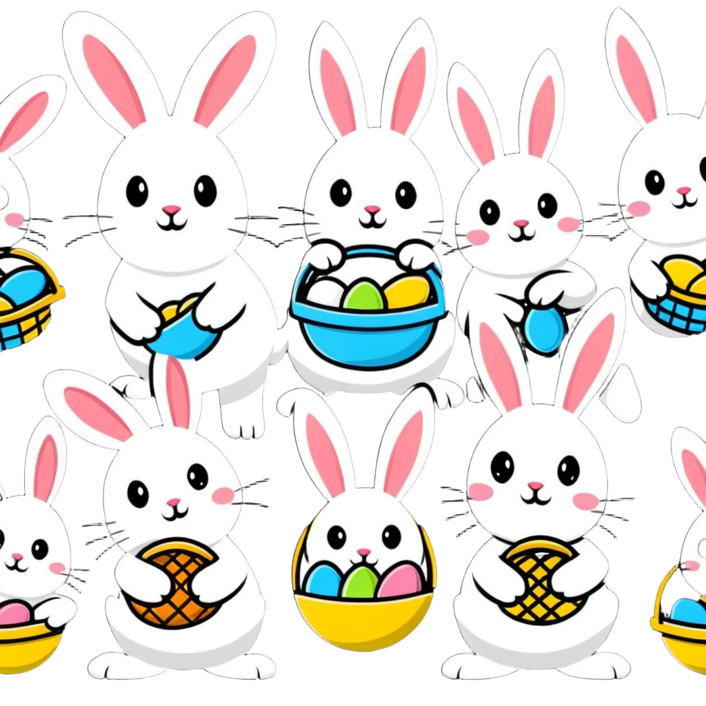 Group of Easter bunnies with Easter baskets full of eggs emoji