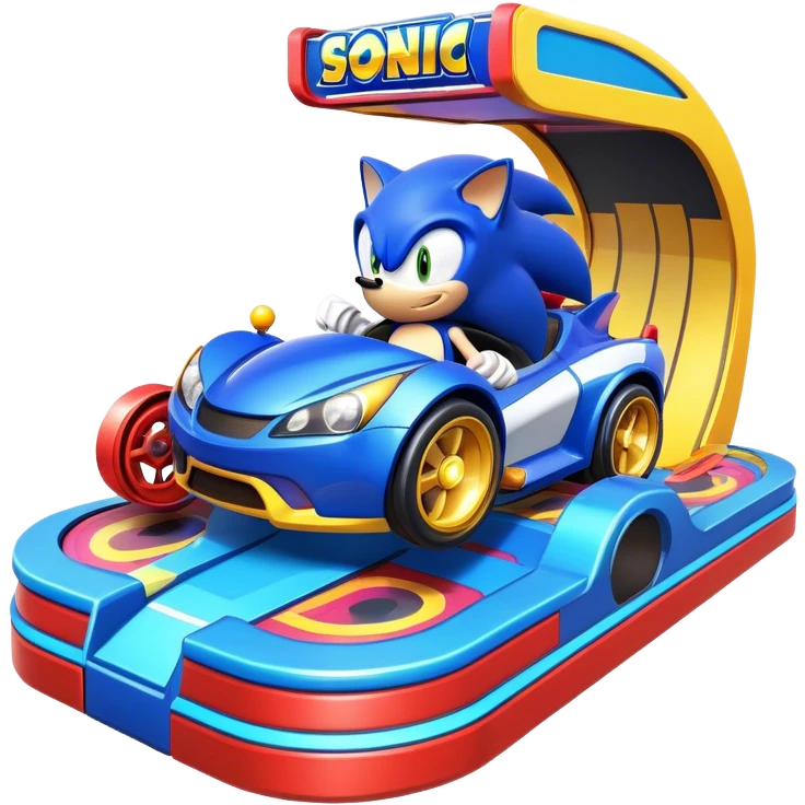 An icon representing an arcade game interface, inspired by Sonic. The design features colorful platforms, loops, and rings, with Sonic racing through a vibrant landscape. The iconic HUD elements, like score and timer, are visible. A transparent background. emoji